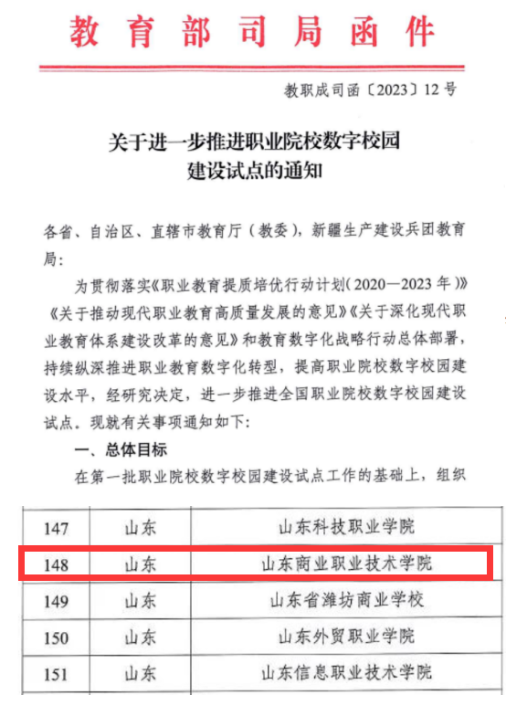 山东商业职业技术 学院获评教育部首批职业院校数字校园建设试点院校